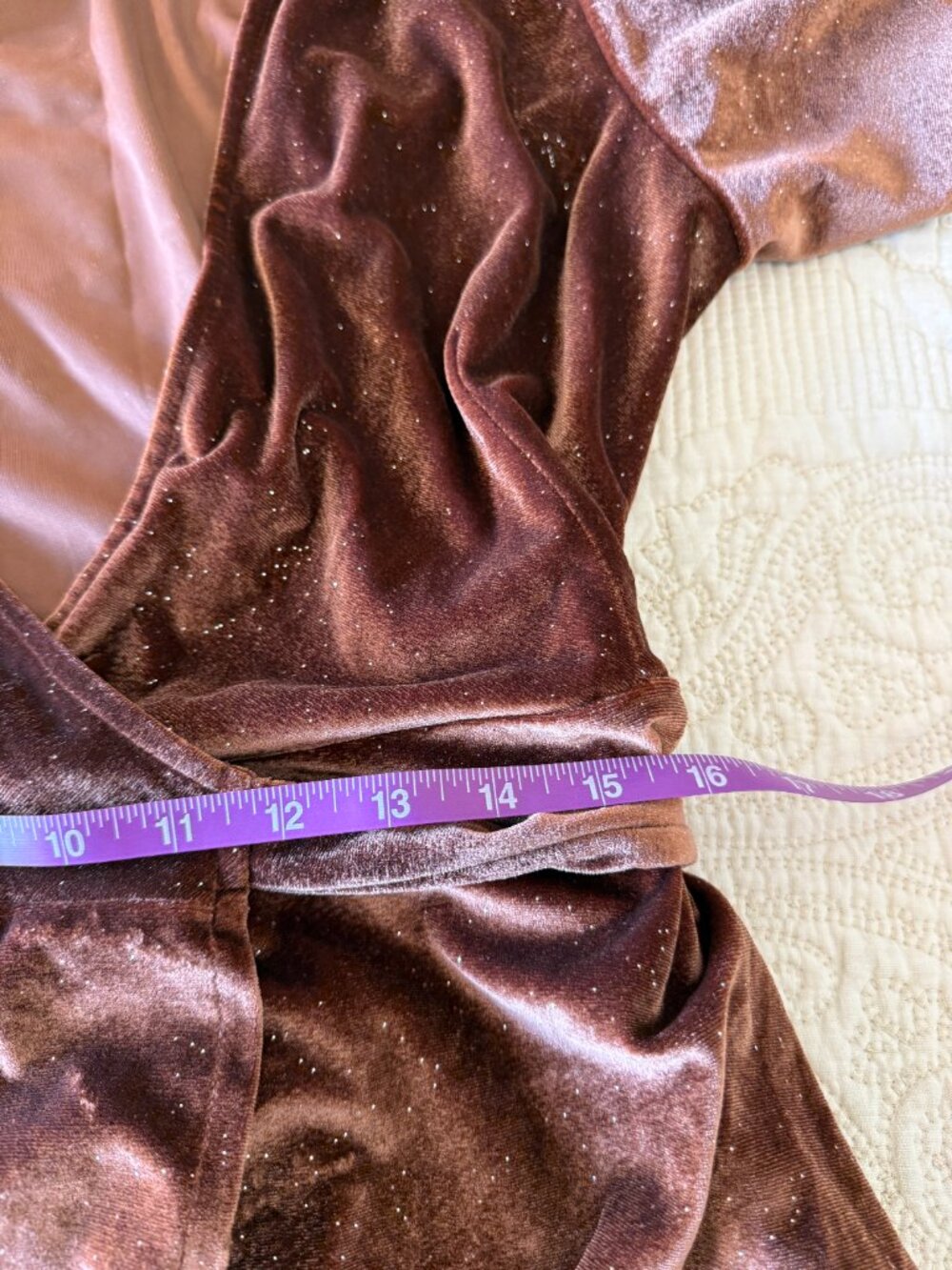 Baltic Børn bronze glitter velvet wrap dress with short flutter sleeves. Size L - Picture 7 of 8